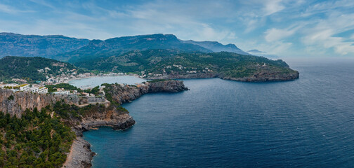 Fototapeta na wymiar Aerial view of the luxury cliff house hotel on top of the cliff on the island of Mallorca, Spain.