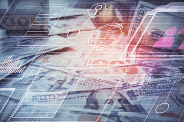 Double exposure of data theme drawing over us dollars bill background. Technology concept.