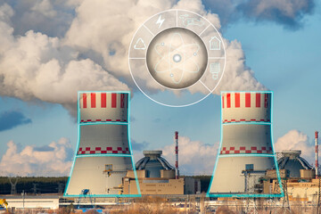 Nuclear power plant cooling tower with digital icons of profit use nuclear energy. European energy...