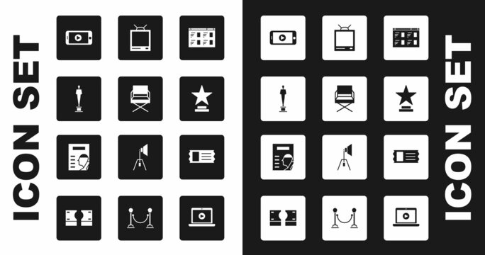 Set Online play video, Director movie chair, Movie trophy, Retro tv, Cinema ticket and poster icon. Vector