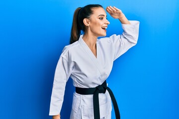 Beautiful brunette young woman wearing karate fighter uniform with black belt very happy and smiling looking far away with hand over head. searching concept. © Krakenimages.com