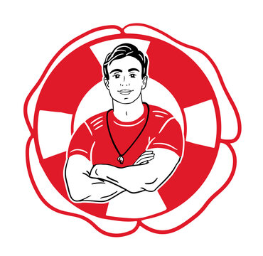 Rescuer lifeguard man on the background of the lifebuoy, logo.Hand drawn lifeguard image in doodle and color.Vector illustration