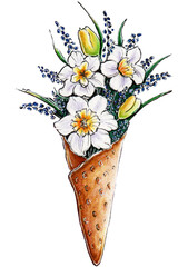 Bouquet of  spring flowers in a waffle cup on a white background.Idea for florists.