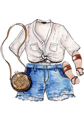 Women;s clothing shirt,denim shorts,handbag and sandals on a white background.Idea for summer style.