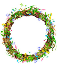 An elegant wreath of vines, wildflowers and wild herbs. Hand-drawn watercolor clipart. Design elements for cards, invitations, posters, fabric prints, patterns, stationery..