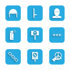 Set Peace, Protest, Barbed wire, Chain link, Pepper spray, Vandal and Military helmet icon. Vector
