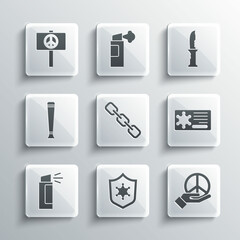 Set Police badge, Peace, Chain link, Pepper spray, rubber baton, and Military knife icon. Vector