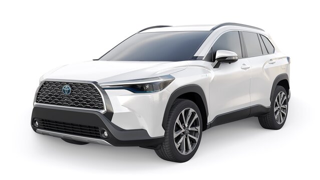 Tokyo, Japan. April 19, 2022: Toyota Corolla Cross 2020. Compact SUV white with a hybrid engine and four-wheel drive for the city and suburban areas on a white isolated background. 3d illustration