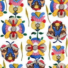 Seamless pattern of flowers, which are made in the style of avant-garde decorative arts of Ukraine in the early 20th century.
