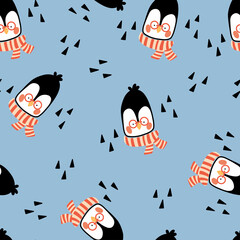 Cute penguin. Vector. Cartoon style. Seamless Pattern, Background, Wallpaper. Perfect for prints