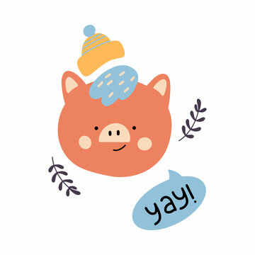 Cute childish illustration with pig in hat. Vector hand-drawn illustration. Great for kids clothing design, posters, wrapping paper, wallpaper.