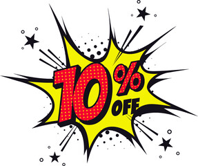 10 percent off. Comic book style art. Special offer and discount.