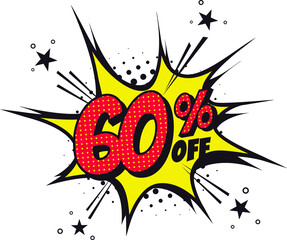 60 percent off. Comic book style art. Special offer and discount.
