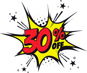 30 percent off. Comic book style art. Special offer and discount.