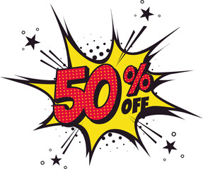 50 percent off. Comic book style art. Special offer and discount.