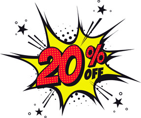 20 percent off. Comic book style art. Special offer and discount.