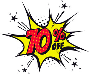 70 percent off. Comic book style art. Special offer and discount.