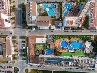 Aerial view of the Spanish town by the beach in Mallorca, Spain.