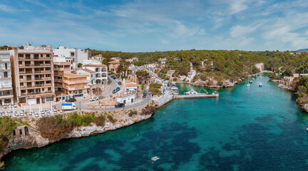 Aerial view of the Porto Colom fishing village in Majorca, Spain.