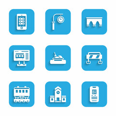 Set Plate with food, Railway station, E-ticket train, Road barrier, Passenger cars, Ticket office to buy tickets, Bridge for and Buy online icon. Vector