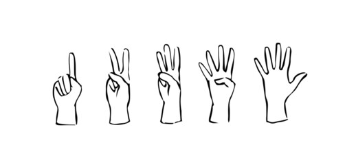 Set of business man hands showing different numbers, counting, pointing, fist. Hand drawn vector cartoon Illustration