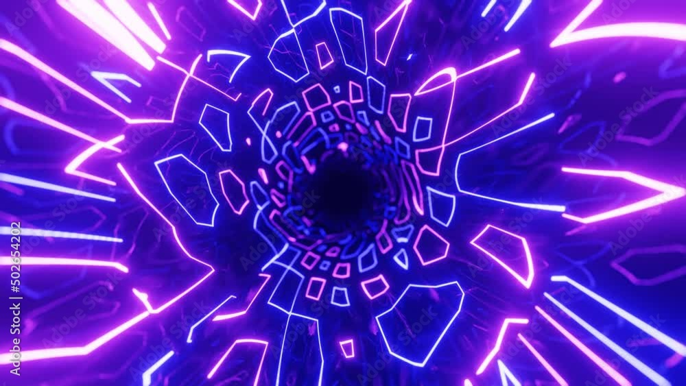 Poster 4k seamless looped animation. fly through mirror tunnel with neon pattern, glow lines form sci fi pa