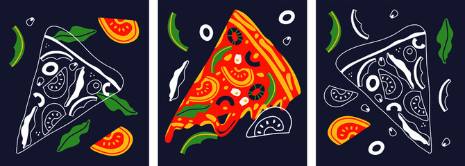 Fresh Pizza with tomatoes, olives, peppers, onions, basil. Abstract style. Cartoon and doodle elements vector. Traditional Italian fast food. Food European snack. Isolated dark background. EPS10 