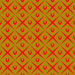 Fototapeta premium Seamless pattern of little red hearts, shaped cross line, golden brown background. Textile, paper and packaging, texture, flat vector image.