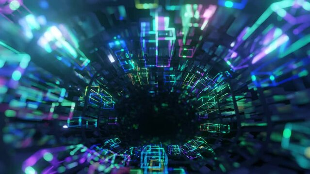 Glow boxes. 4k seamless looped animation. Fly through mirror tunnel with neon pattern, glow lines form sci fi pattern. Bright reflection neon light. Simple bright background, sci fi structure