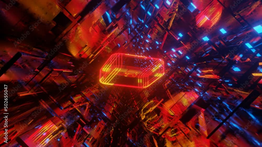Poster 3d object or structure rotates and moves inside glass mirror tunnel with neon light, bright reflecti
