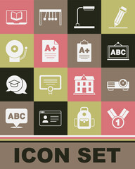 Set Medal, Movie, film, media projector, Chalkboard, Table lamp, Exam sheet with A plus grade, Ringing alarm bell, Online class and icon. Vector