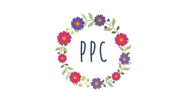 ppc text animate on Round floral frame. 4K motion animation.