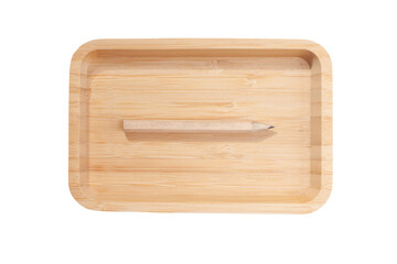 wooden tray with pencil isolated on white surface