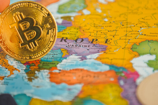 Gold Bitcoin map with focus on Ukraine - Powered by Adobe