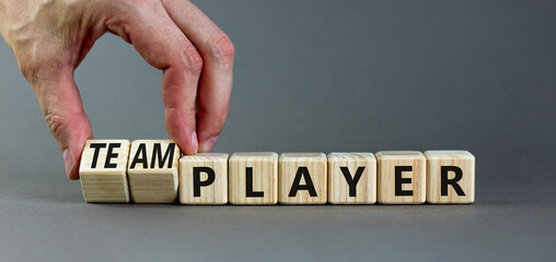 Player or teamplayer symbol. Businessman turns wooden cubes and changes concept words Player to Teamplayer. Beautiful grey table grey background, copy space. Business player or teamplayer concept.