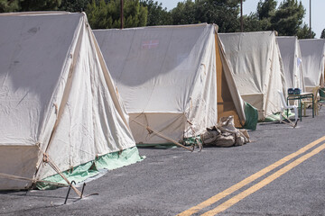 Military tents for people struck by the earthquake at Arkalochori Crete in September 2021. Many...