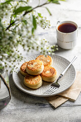 Syrniki - traditional Russian cheese pancakes served for breakfast on gray textured background