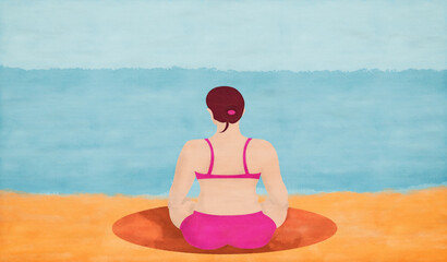 Fototapeta na wymiar Illustration femme assise qui médite au bord de la plage sur le sable