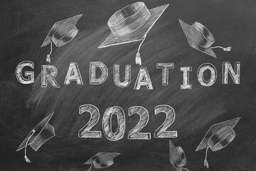 Hand drawn text GRADUATION 2022 and graduation caps on green chalkboard.