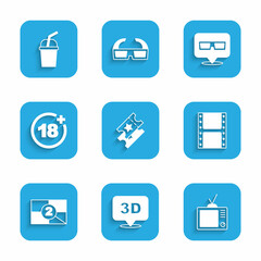 Set Cinema ticket, 3D word, Retro tv, Play video, Old film movie countdown frame, Plus 18, cinema glasses and Paper with water icon. Vector