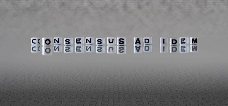 consensus ad idem word or concept represented by black and white letter cubes on a grey horizon background stretching to infinity