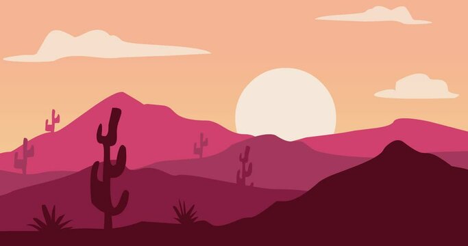 Animated Video Parallax Cactus Mountains In Bright Pink Color