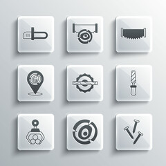 Set Wooden logs, Metallic nails, Rasp metal file, Electric circular saw, Grapple crane grabbed, Chainsaw and Two-handed icon. Vector