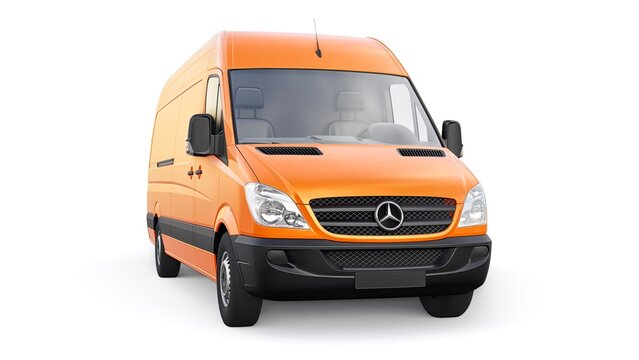 Berlin, Germany. April 28, 2022: Mercedes-Benz Sprinter. orange european commercial van isolated on white background. 3d illustration