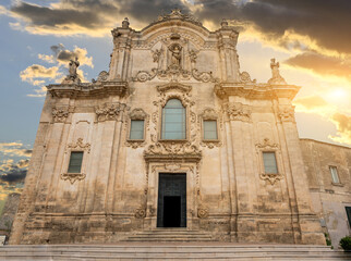 Matera, Basilicata, Italy. August 2021. Splendid view of the church of San Francesco d'Assisi at the golden hour. Nobody.