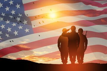 USA army soldiers saluting on a background of sunset or sunrise and USA flag. Greeting card for...