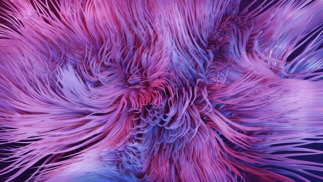 Hair simulation. Live curls underwater like fur or multi-colored threads, hair. Volumetric lights. Mist and DOF bokeh effects. Mysterious background with live curved lines, close-up. 4k looped bg.