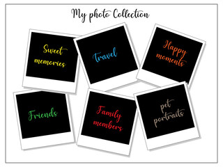 Set of three photo frames on the white background. Memories, travel, friends, family, pets. Happy moments frames concept