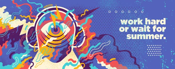 Poster Abstraktes Sommerfest-Graffiti-Design im Grunge-Stil mit Kopfhörern und bunten Spritzern. Vektor-Illustration. © Radoman Durkovic