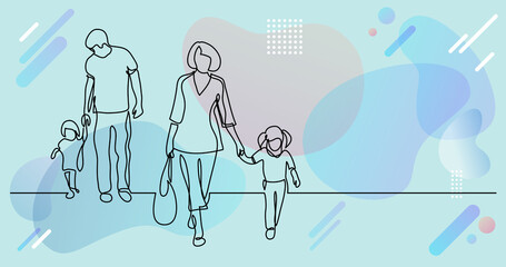 continuous line drawing of family of four walking on street holding hands